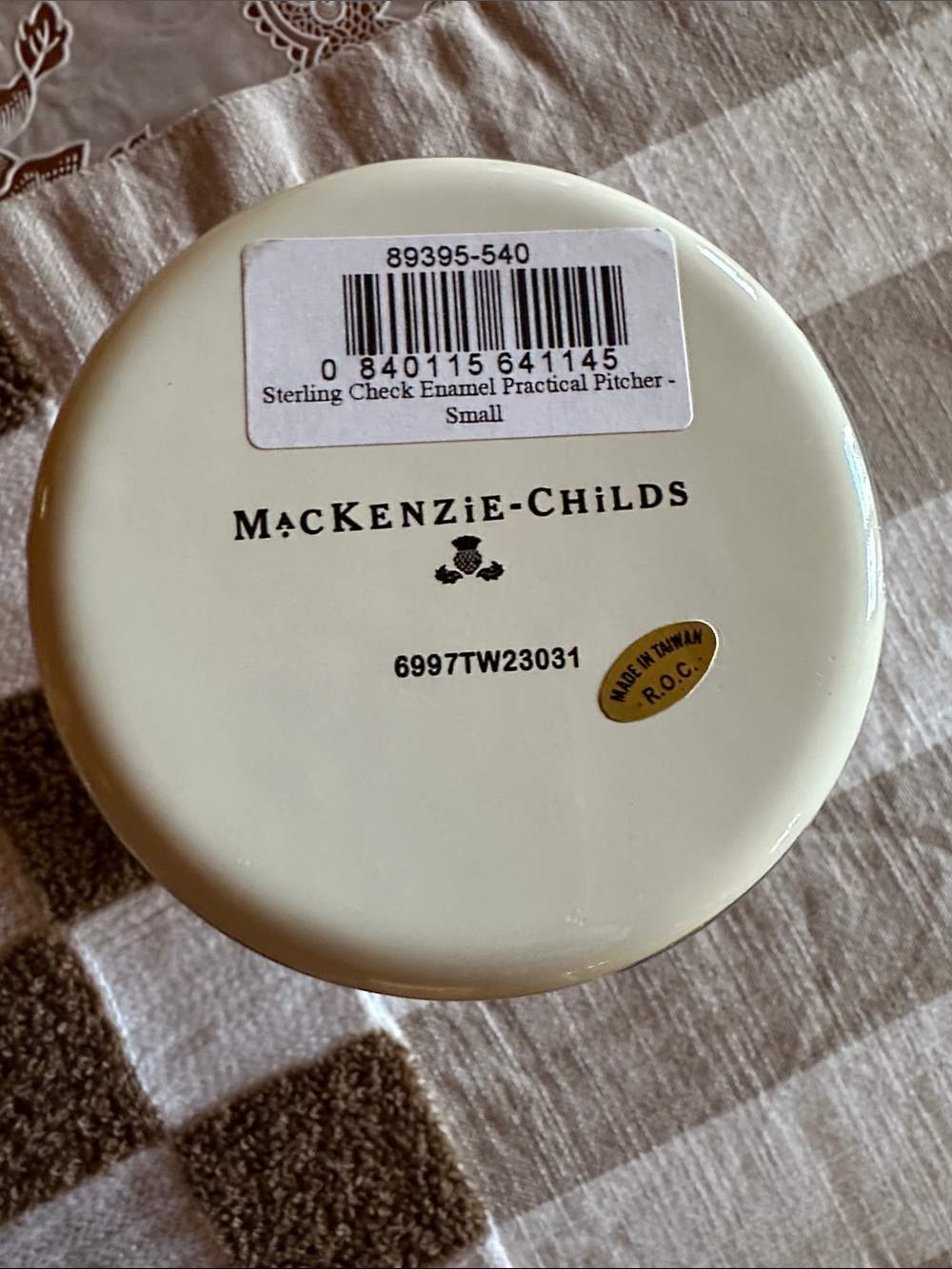 MacKenzie-Childs Checked Enamel Pitcher in Cream and Gray Sterling pattern NWT - Picture 5 of 12